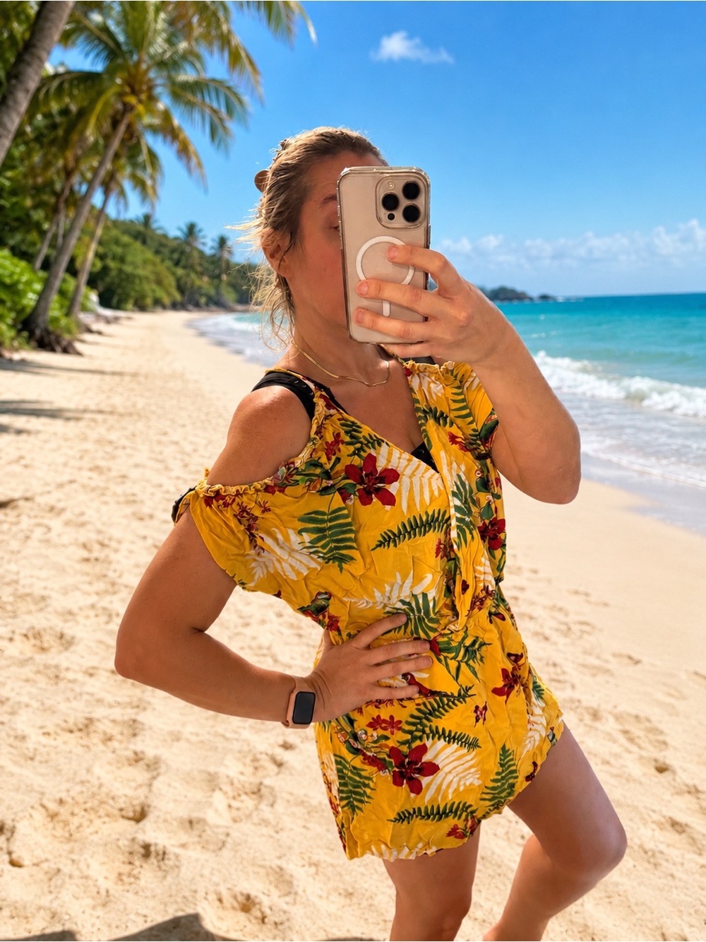 Yellow Tropical-Print Cold-Shoulder